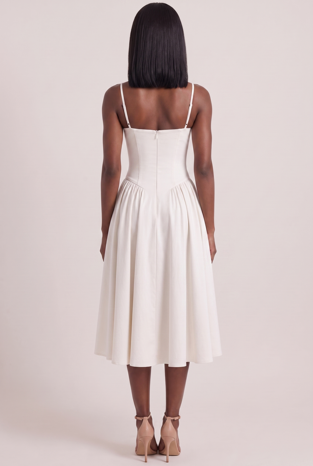 White Twill Sweetheart Midi Dress with Pockets - Back View
