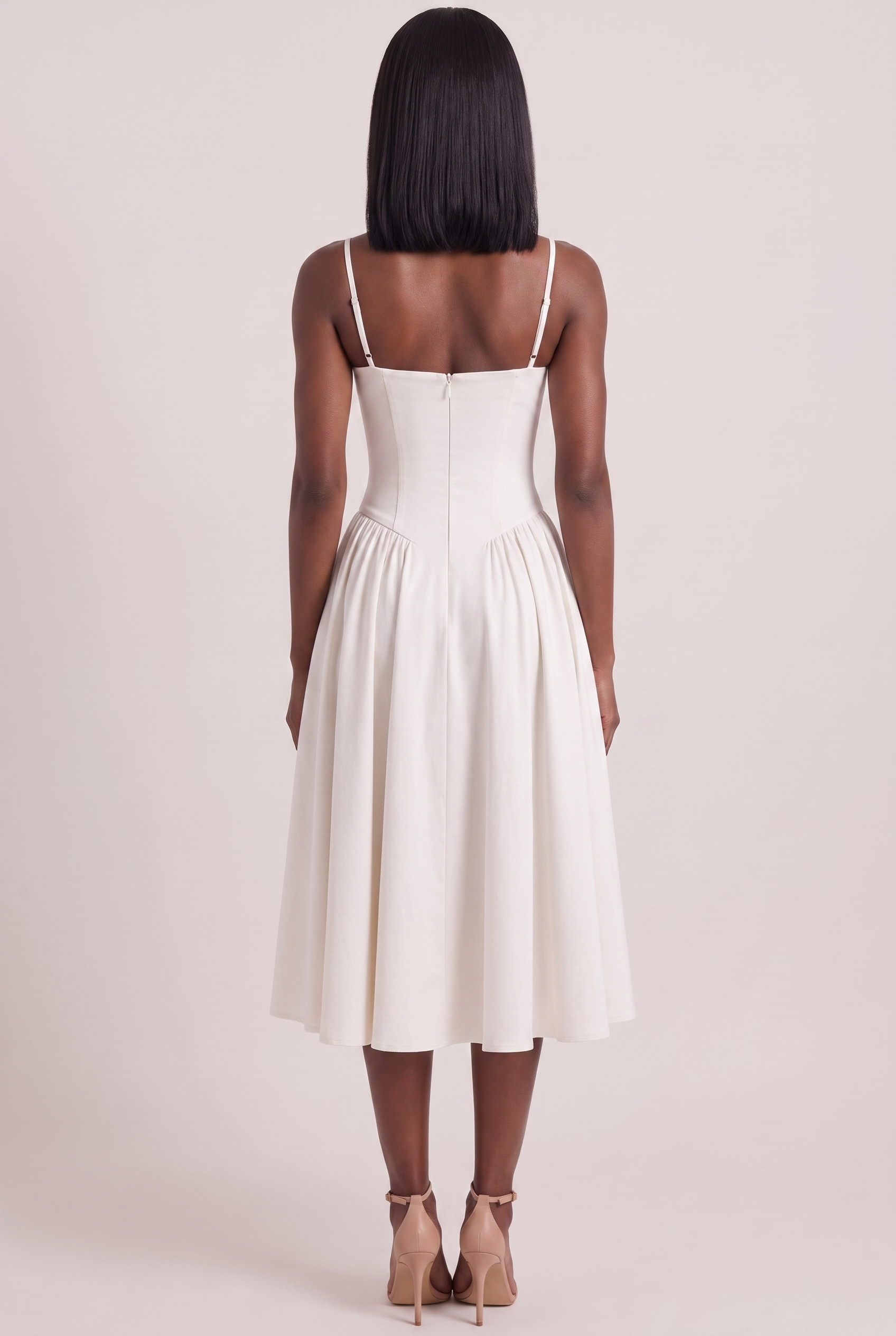 White Twill Sweetheart Midi Dress with Pockets - Back View