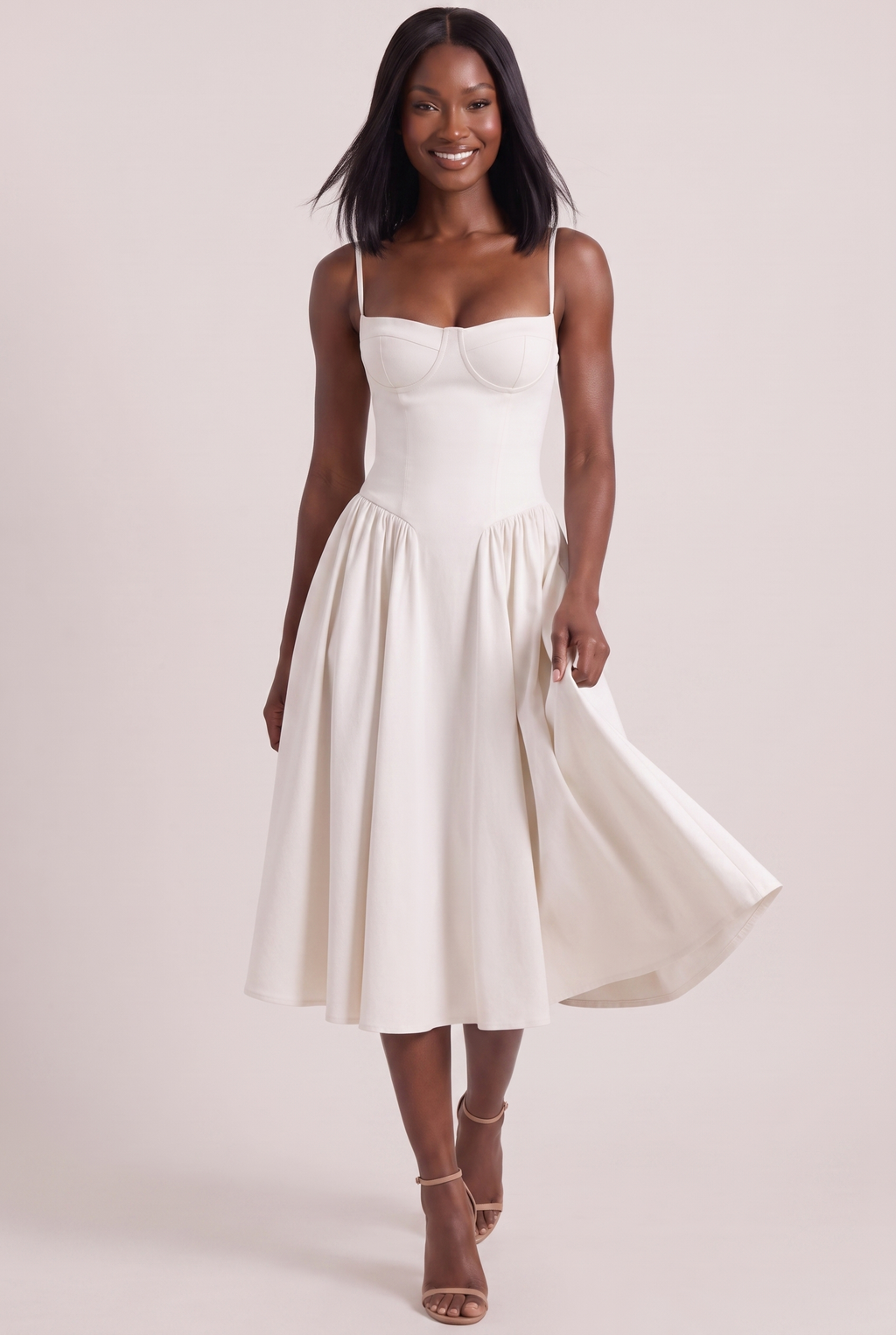 White Twill Sweetheart Midi Dress with Pockets - Front View in Motion