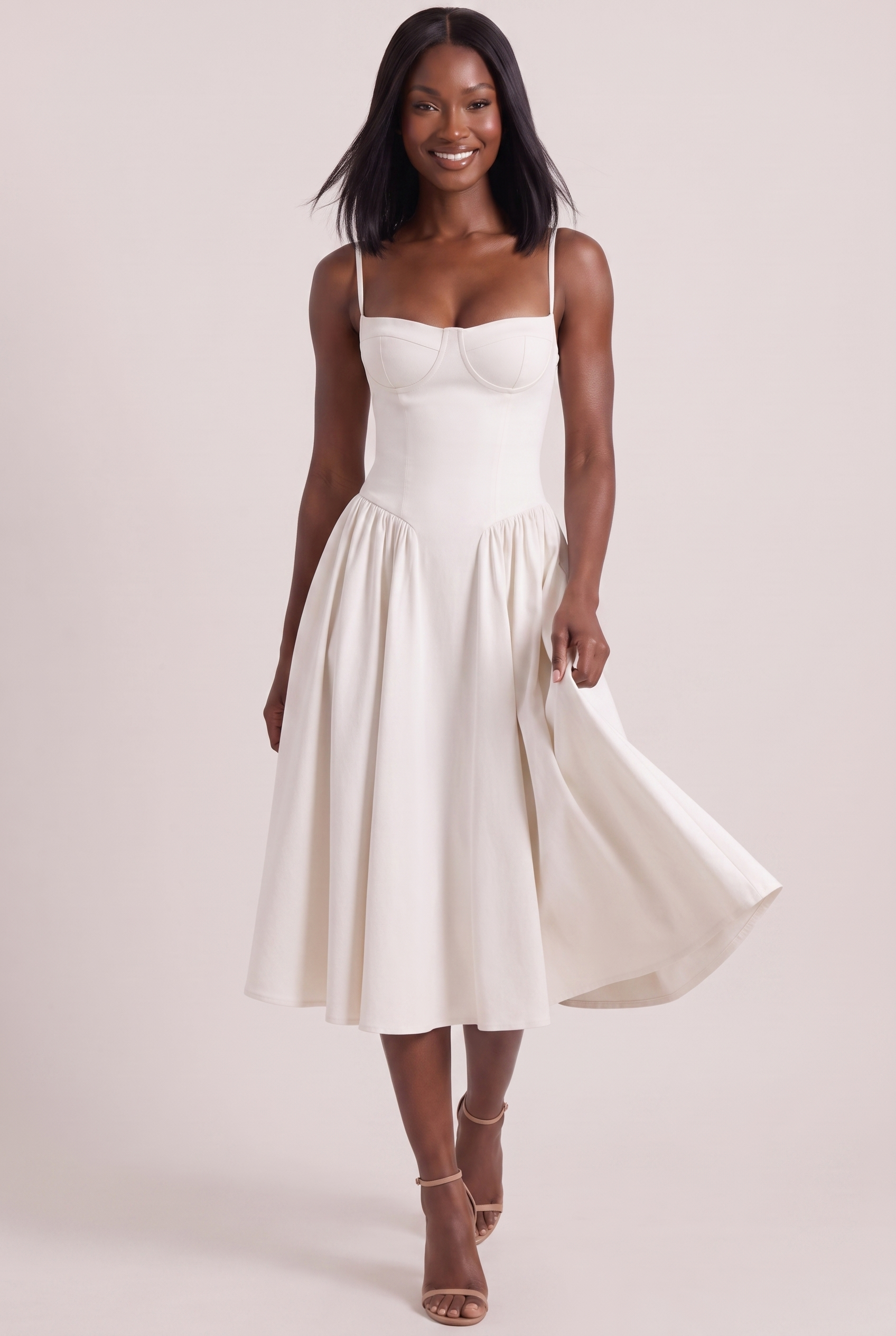 White Twill Sweetheart Midi Dress with Pockets - Front View in Motion