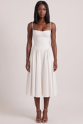 White Twill Sweetheart Midi Dress with Pockets - Front View