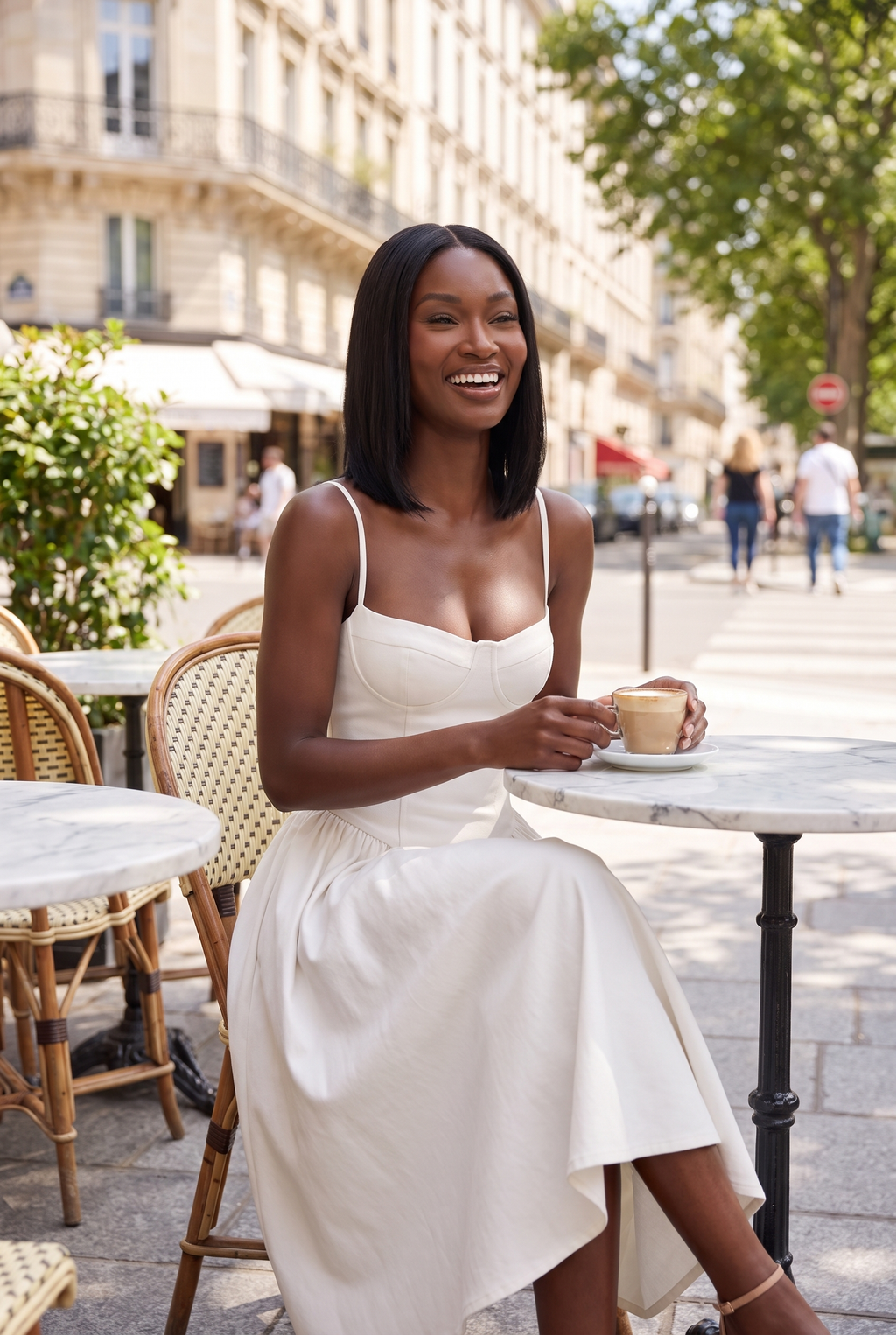 White Twill Sweetheart Midi Dress with Pockets - Café Lifestyle