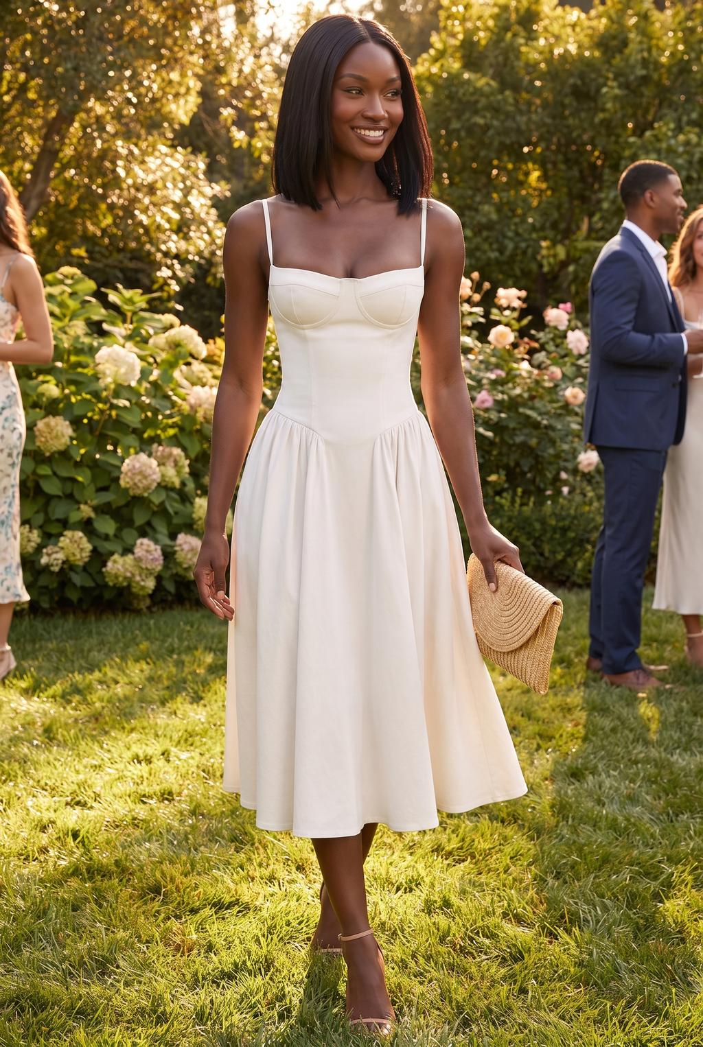 White Twill Sweetheart Midi Dress with Pockets - Lifestyle