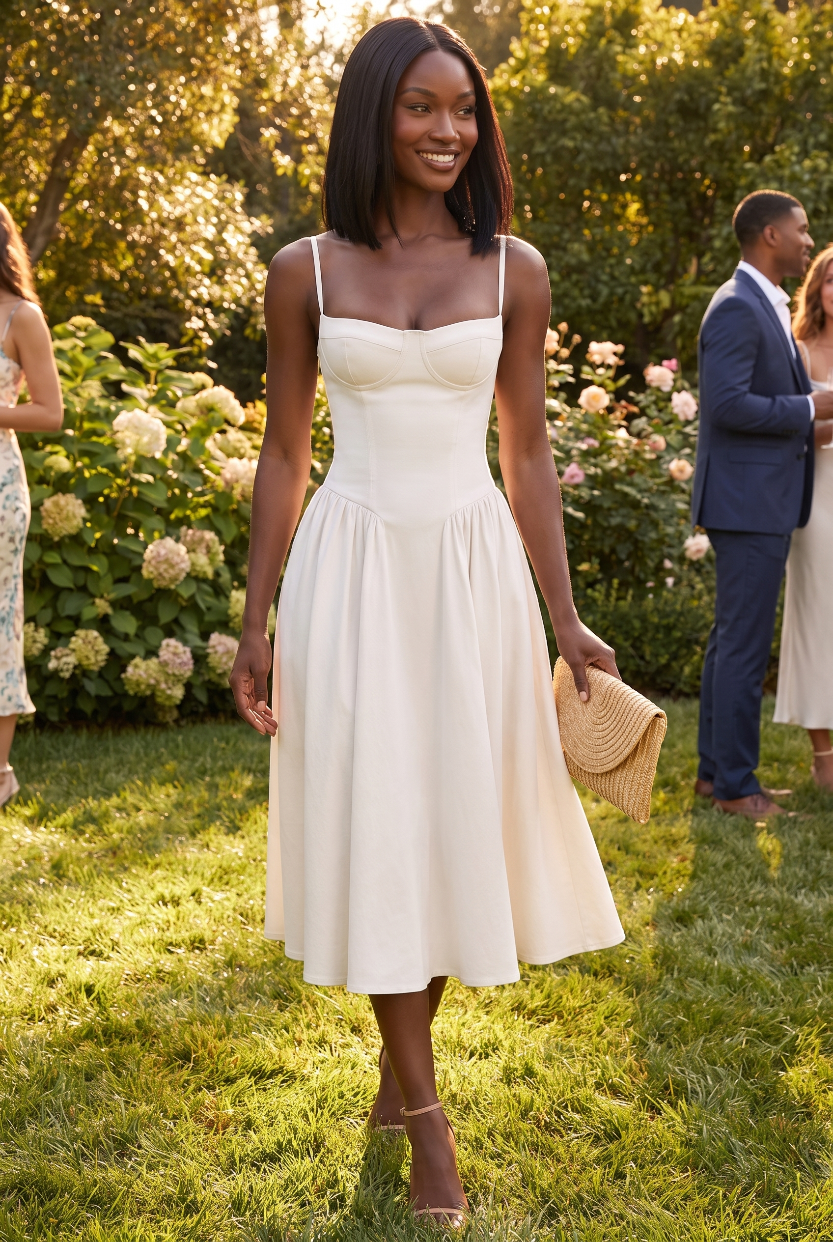 White Twill Sweetheart Midi Dress with Pockets - Lifestyle
