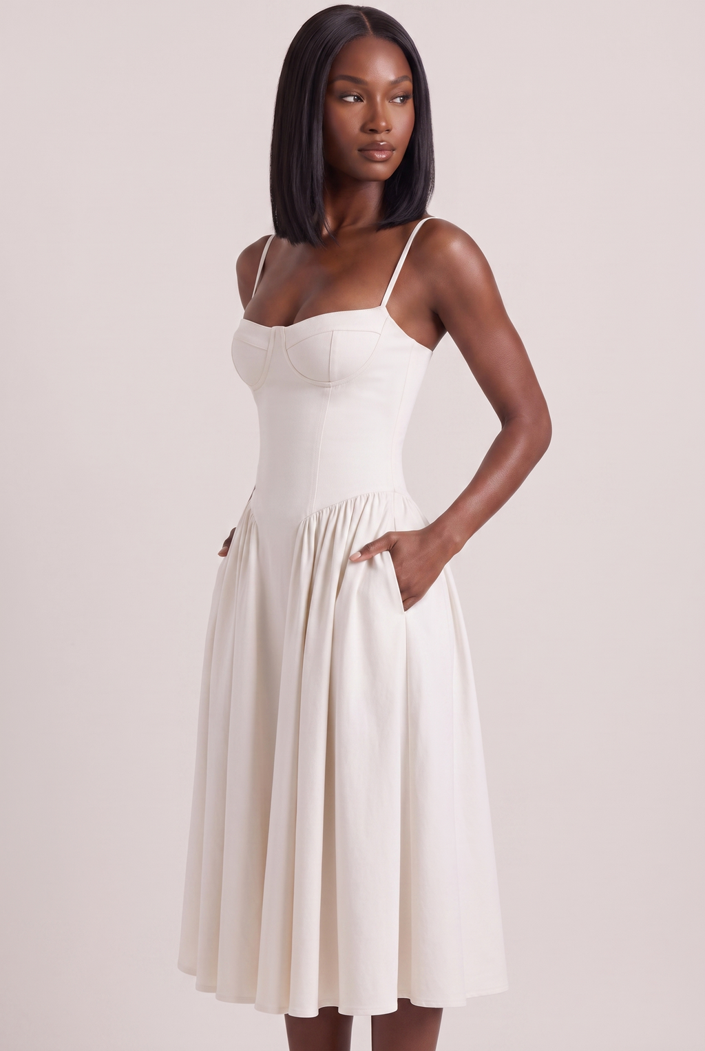 White Twill Sweetheart Midi Dress with Pockets - Side View