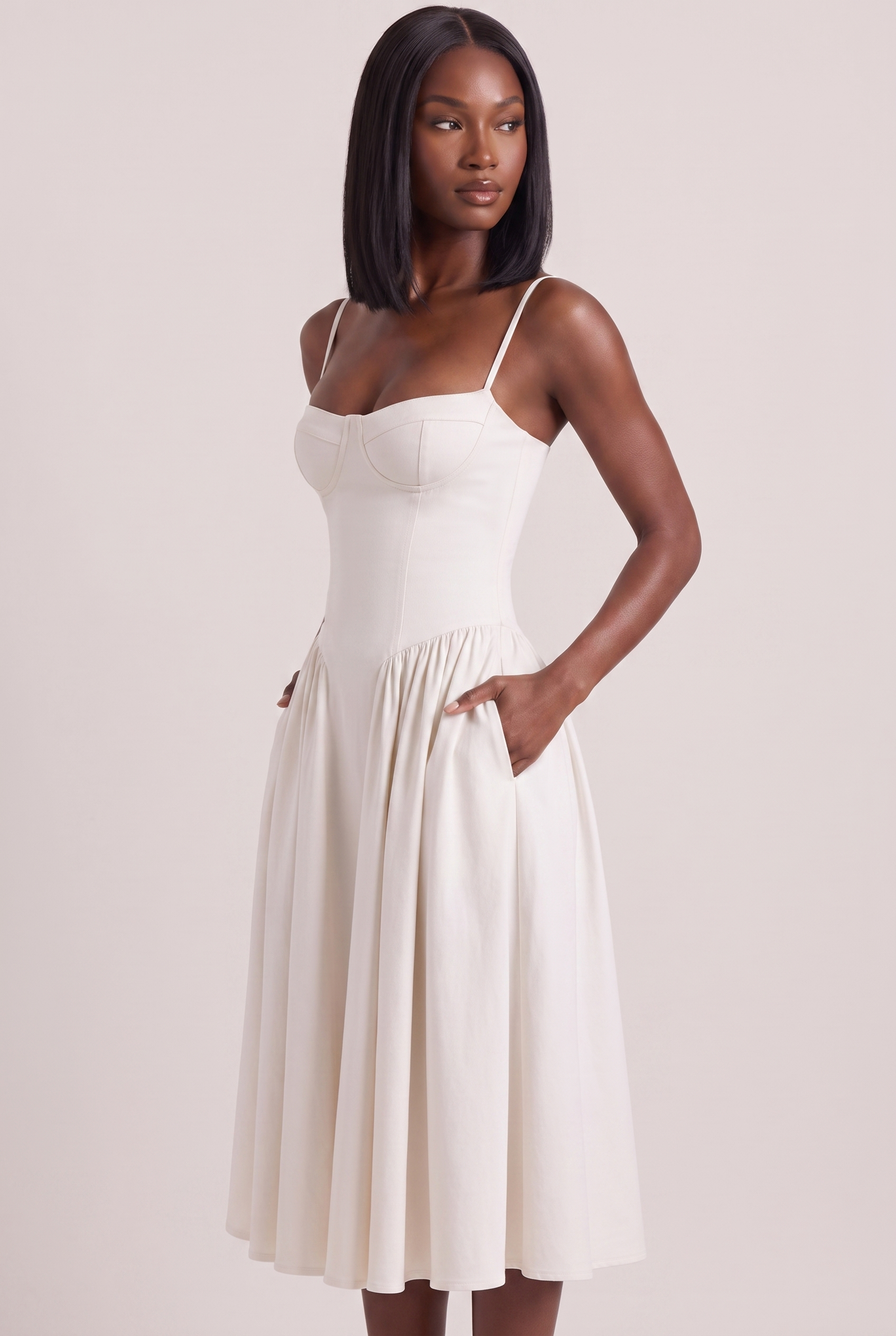 White Twill Sweetheart Midi Dress with Pockets - Side View