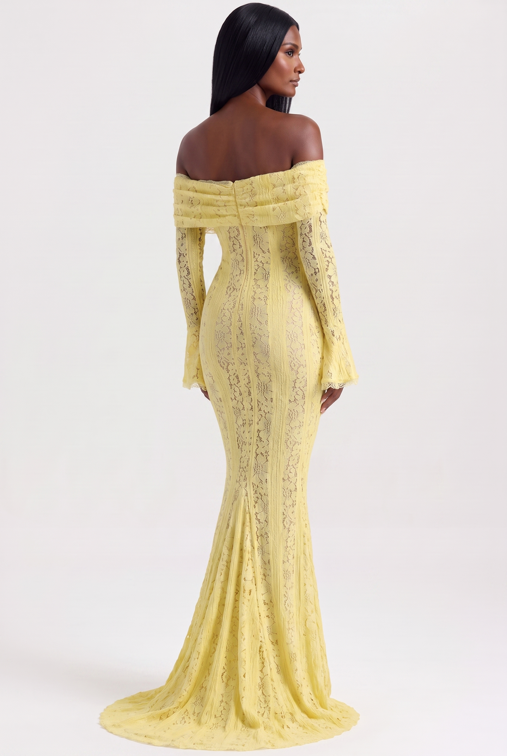 Yellow Floral Lace Off-Shoulder Maxi Dress with Godet Skirt - Back View