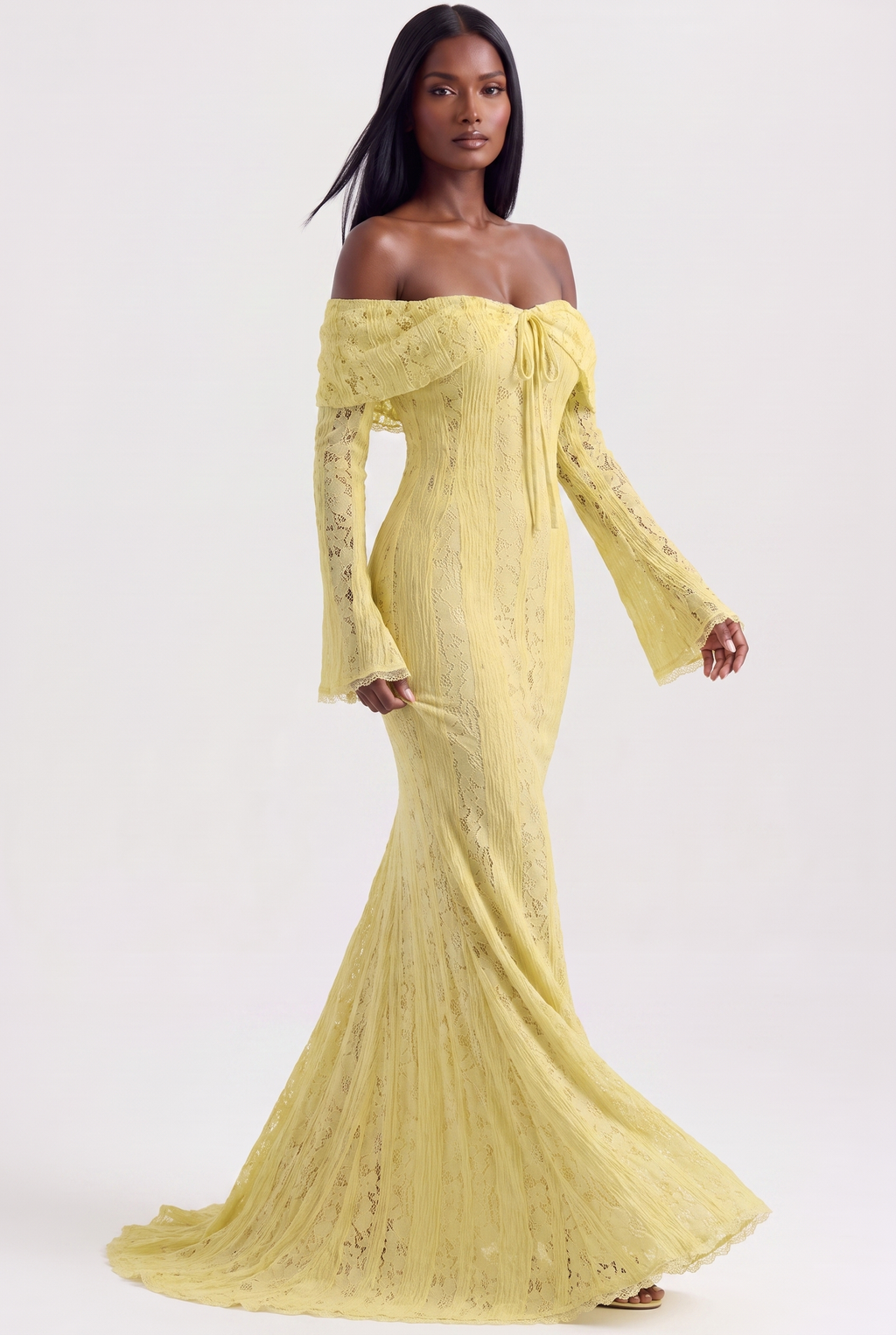 Yellow Floral Lace Off-Shoulder Maxi Dress with Godet Skirt - Front View