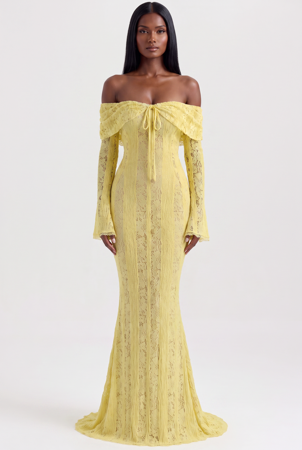 Yellow Floral Lace Off-Shoulder Maxi Dress with Godet Skirt - Front View