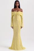 Yellow Floral Lace Off-Shoulder Maxi Dress with Godet Skirt - Front View