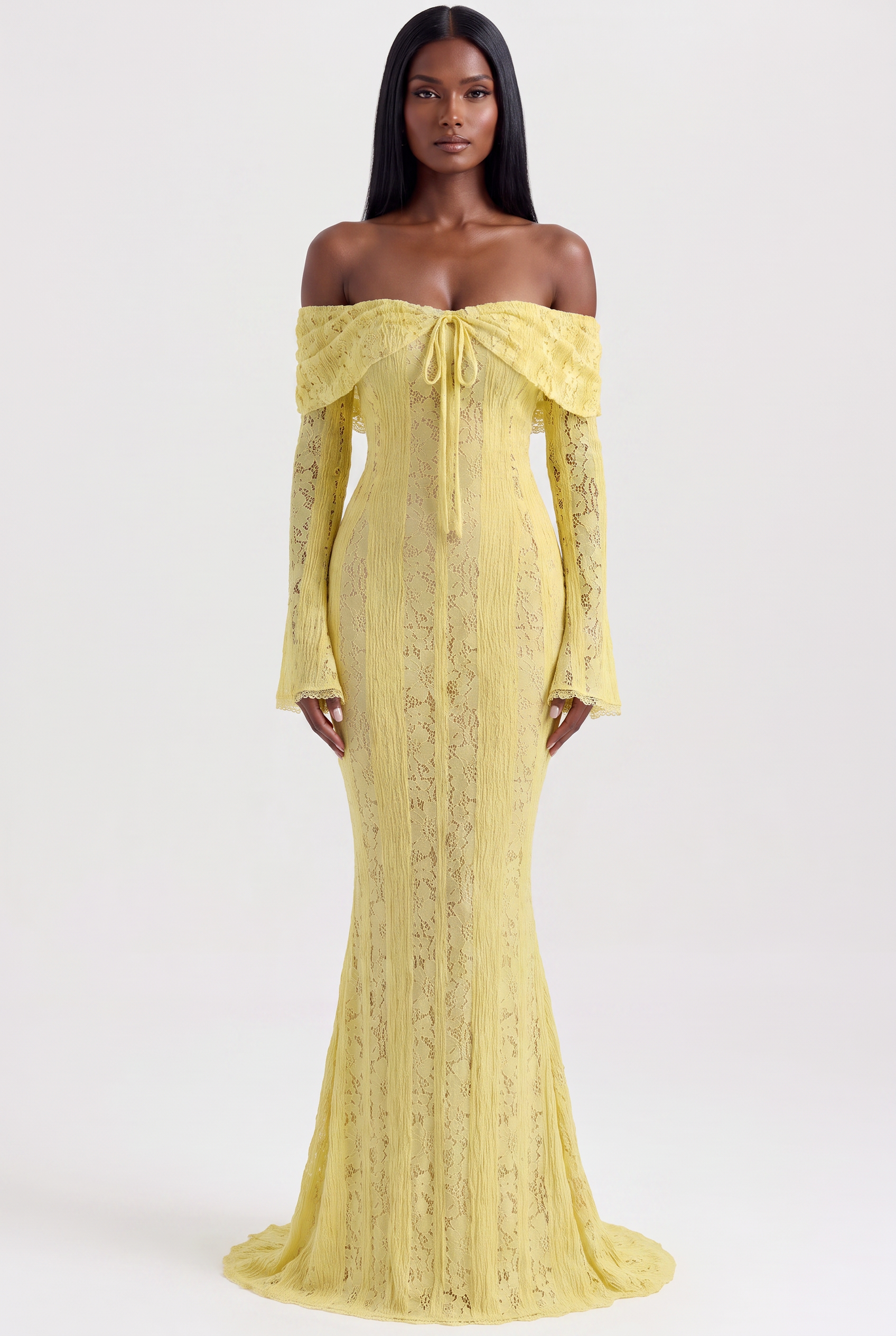 Yellow Floral Lace Off-Shoulder Maxi Dress with Godet Skirt - Front View