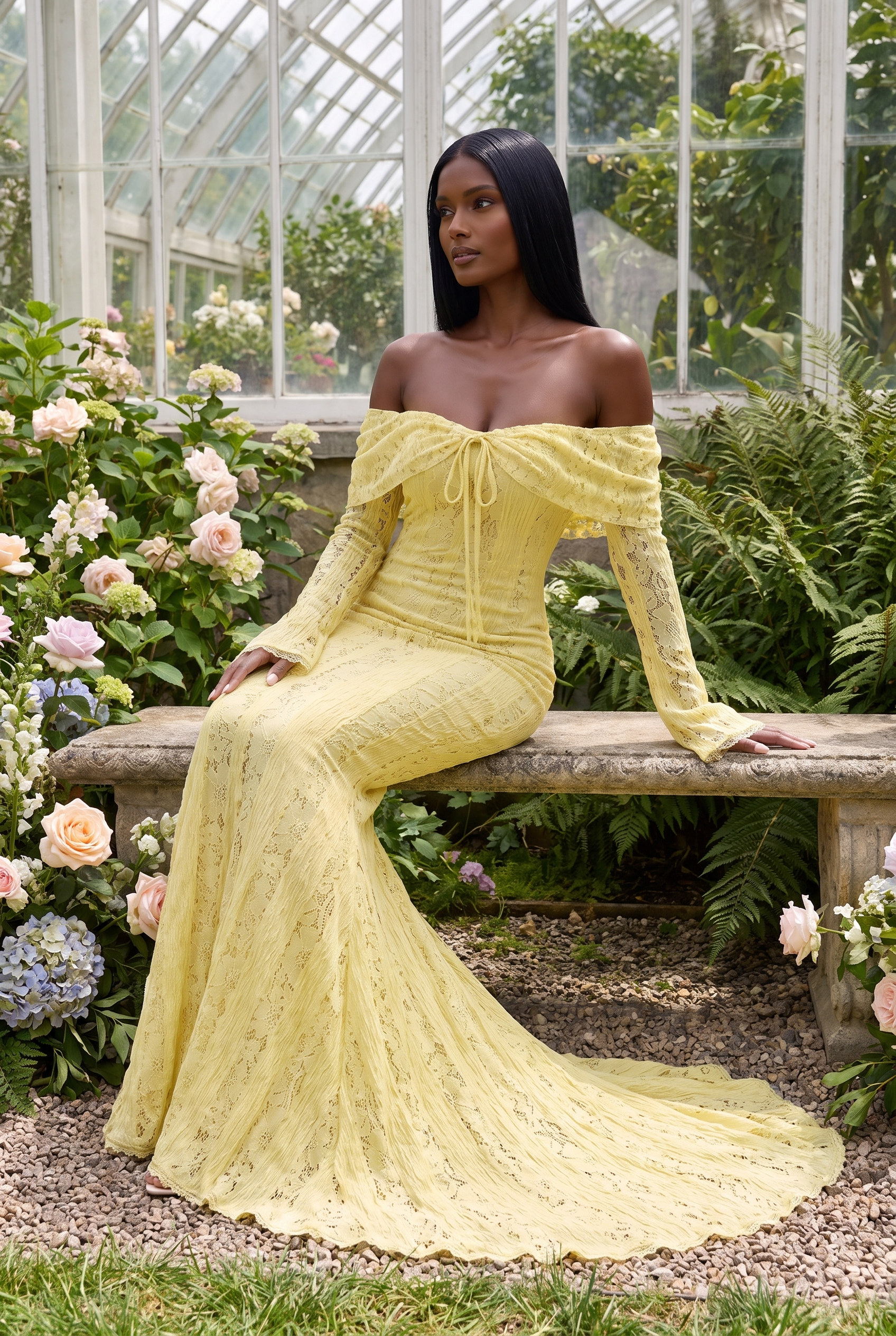 Yellow Floral Lace Off-Shoulder Maxi Dress with Godet Skirt - Lifestyle