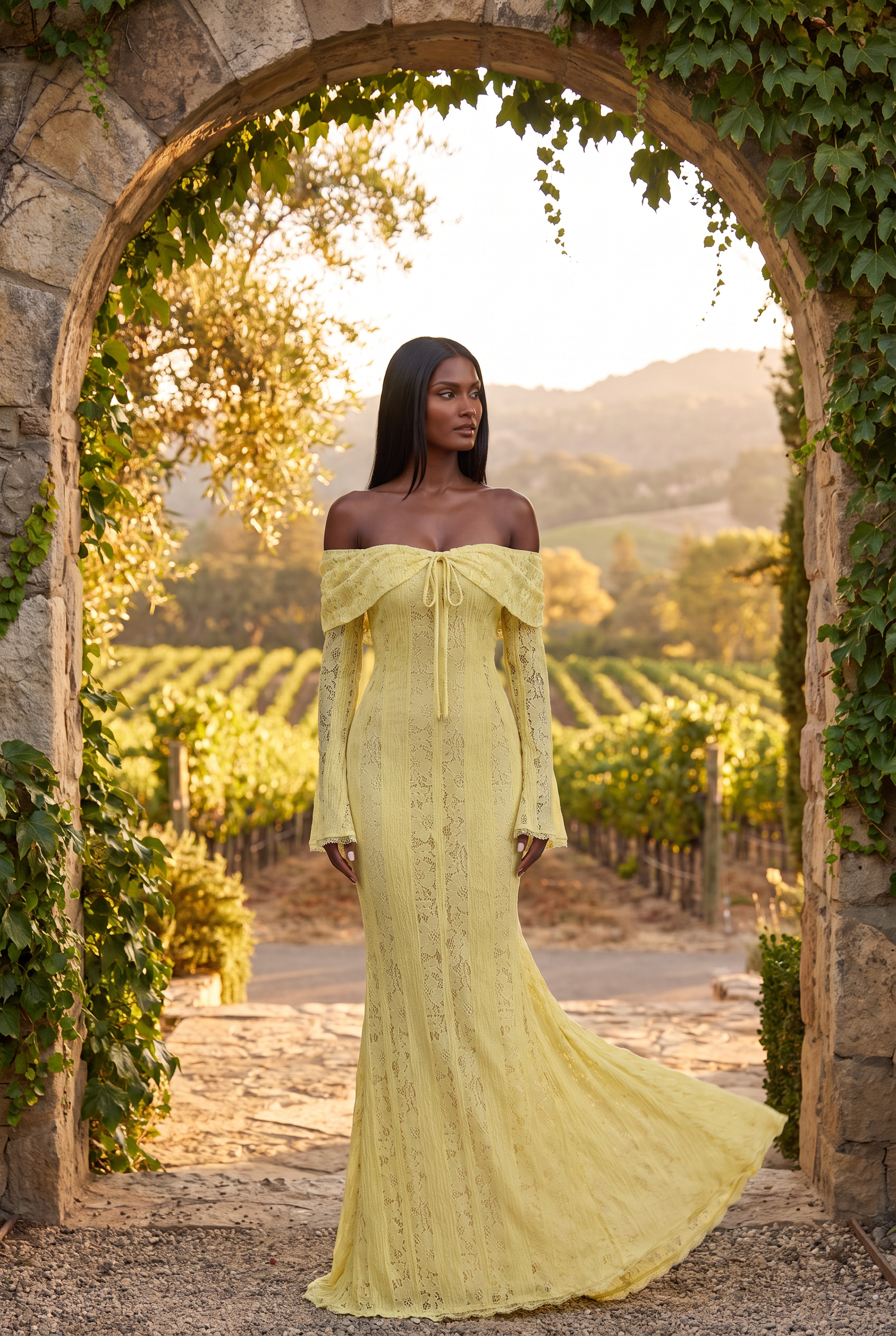Yellow Floral Lace Off-Shoulder Maxi Dress with Godet Skirt - Lifestyle