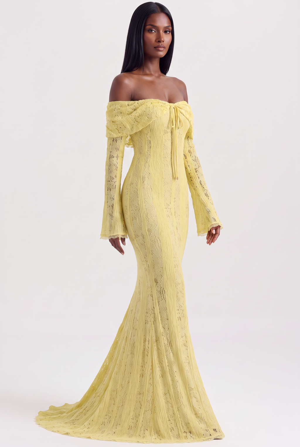 Yellow Floral Lace Off-Shoulder Maxi Dress with Godet Skirt - Side View