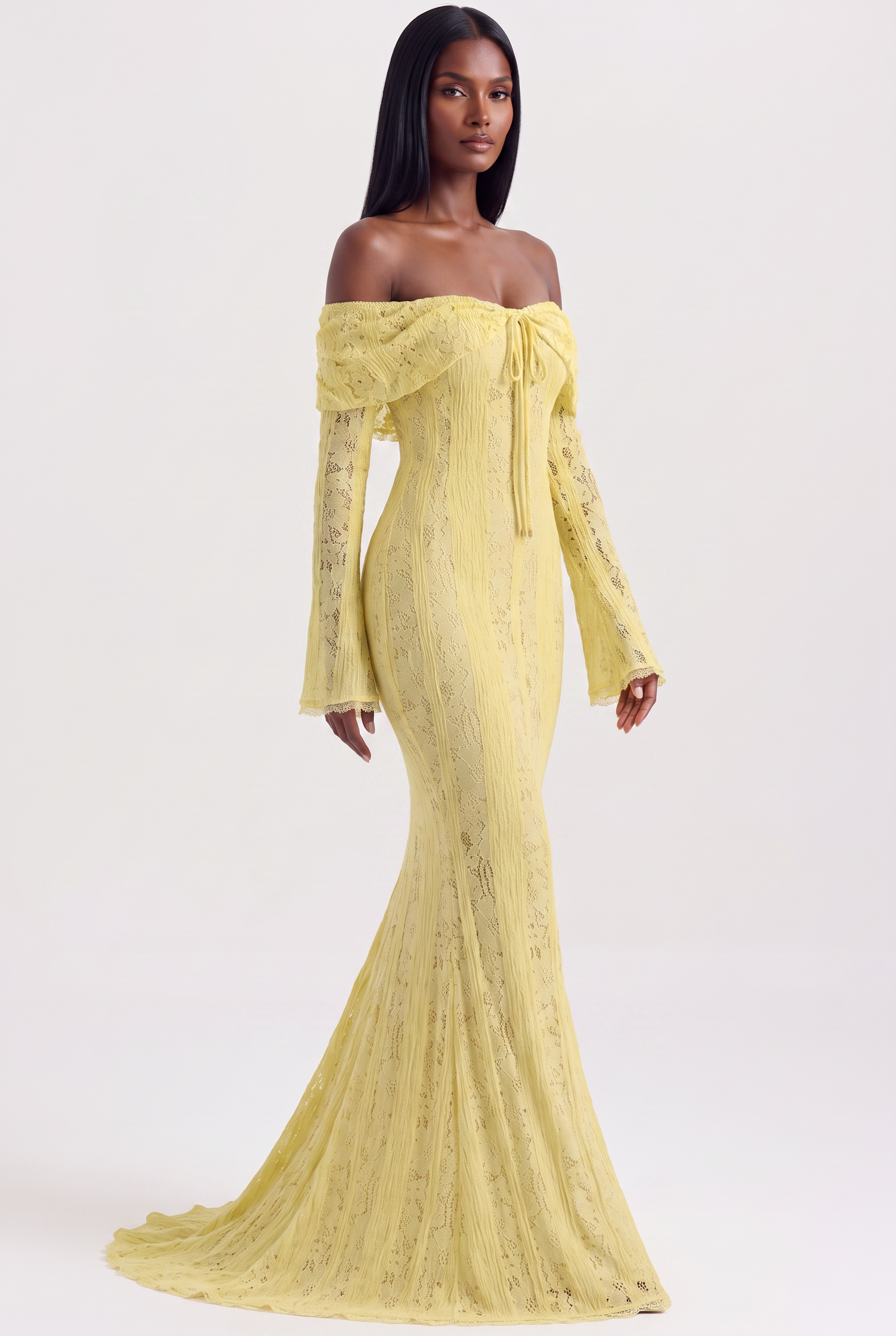 Yellow Floral Lace Off-Shoulder Maxi Dress with Godet Skirt - Side View