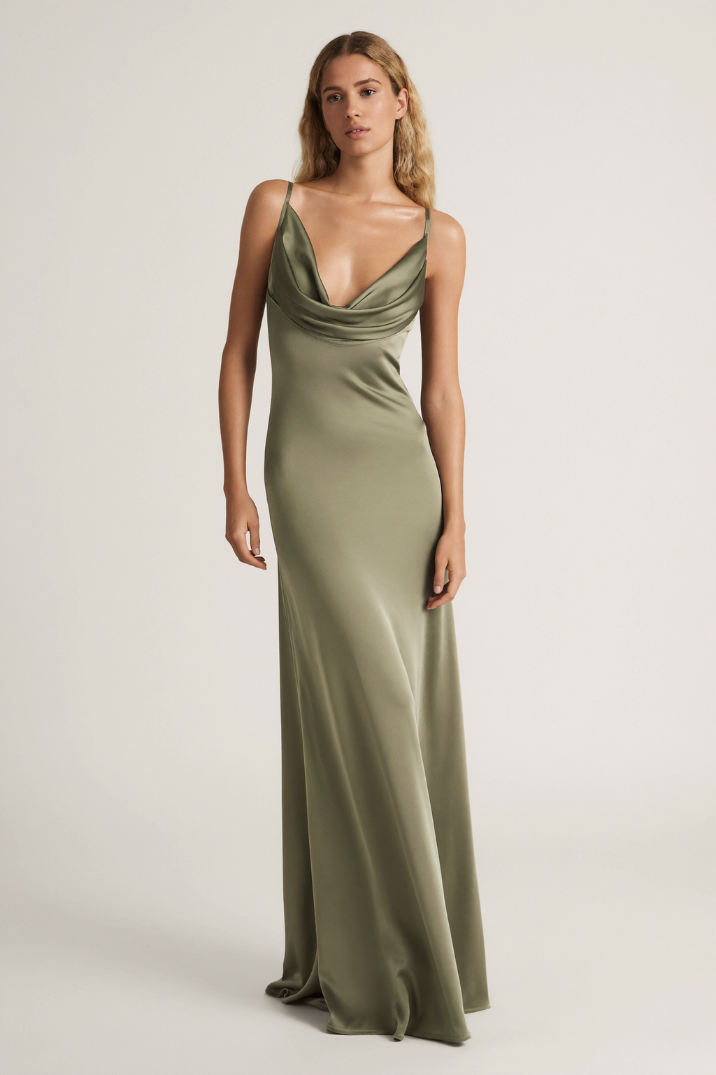 Sage Satin Cowl Neck Maxi Dress - Front View