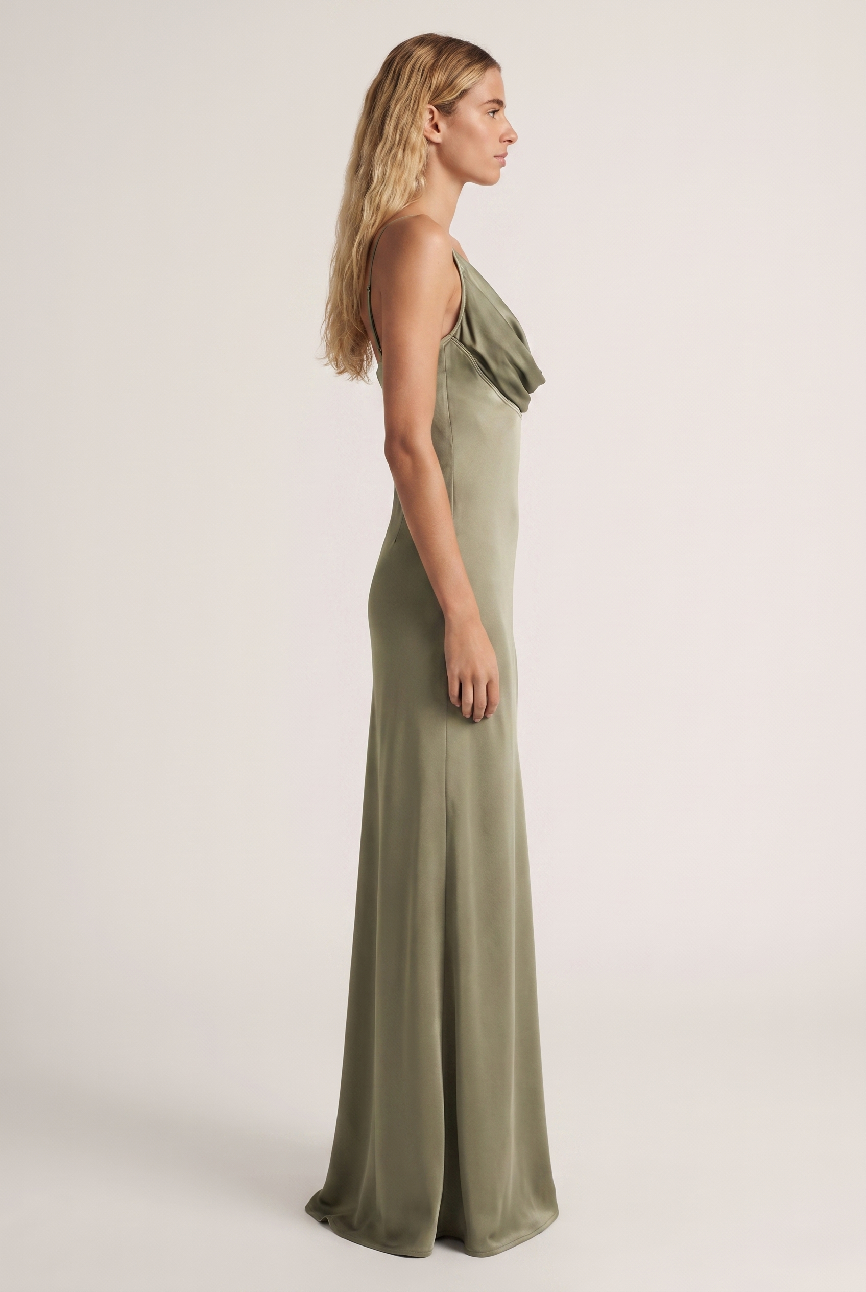 Sage Satin Cowl Neck Maxi Dress - Side View