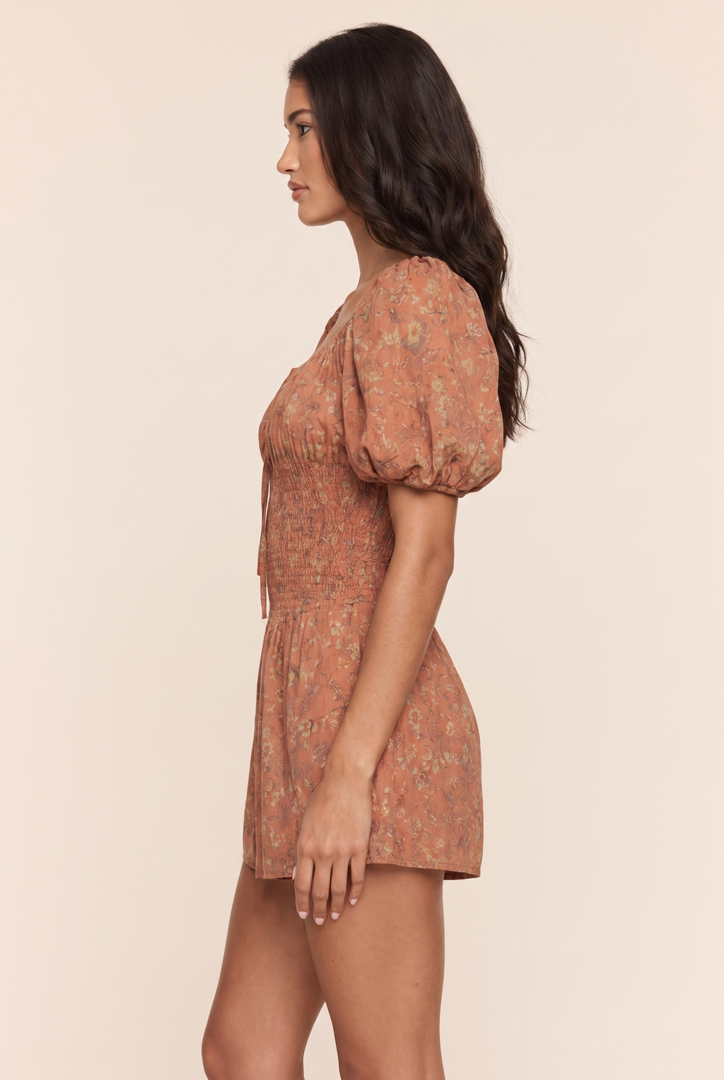 Terracotta Floral Print Playsuit - Side View