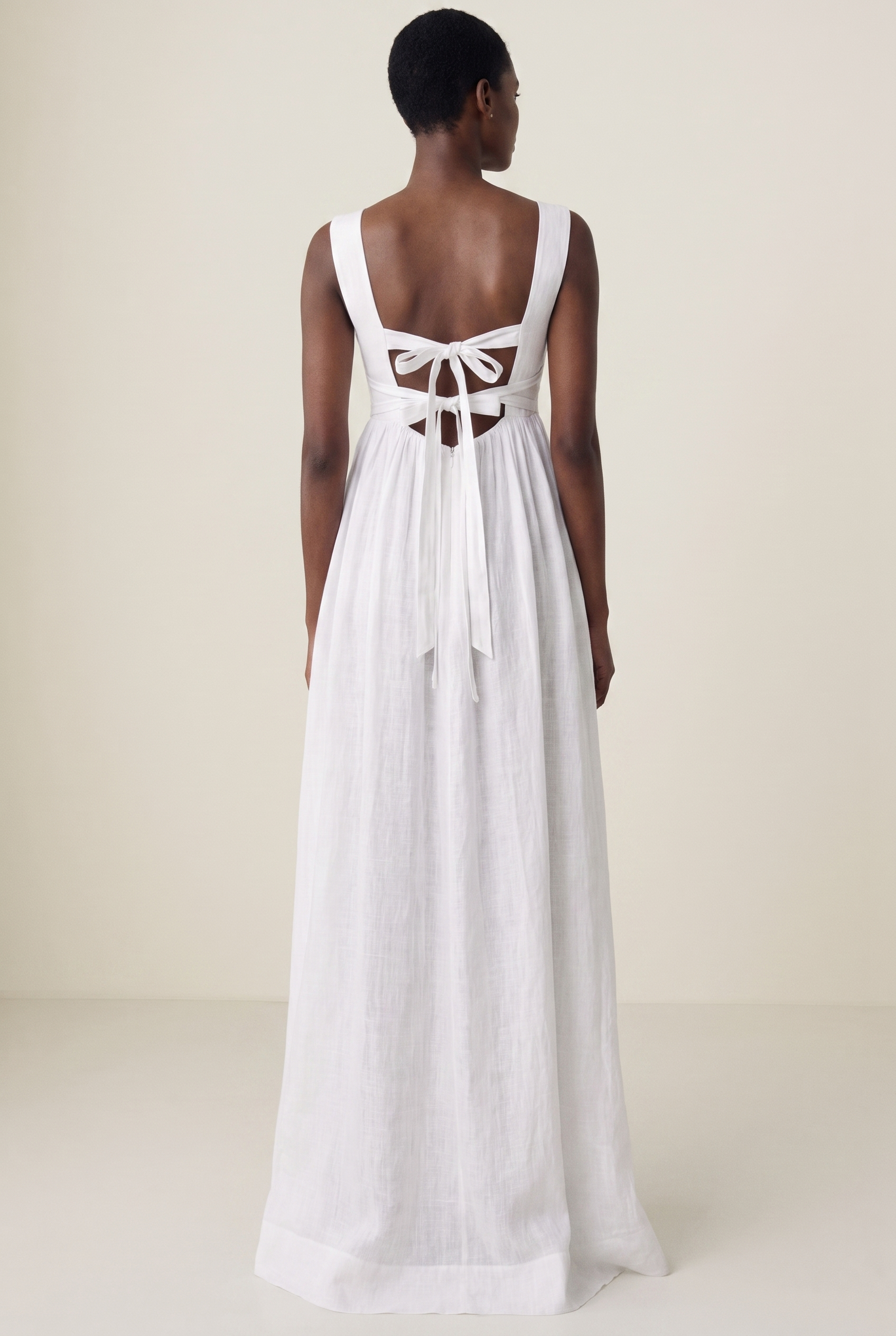 White Linen Tie Back Maxi Dress - Back View