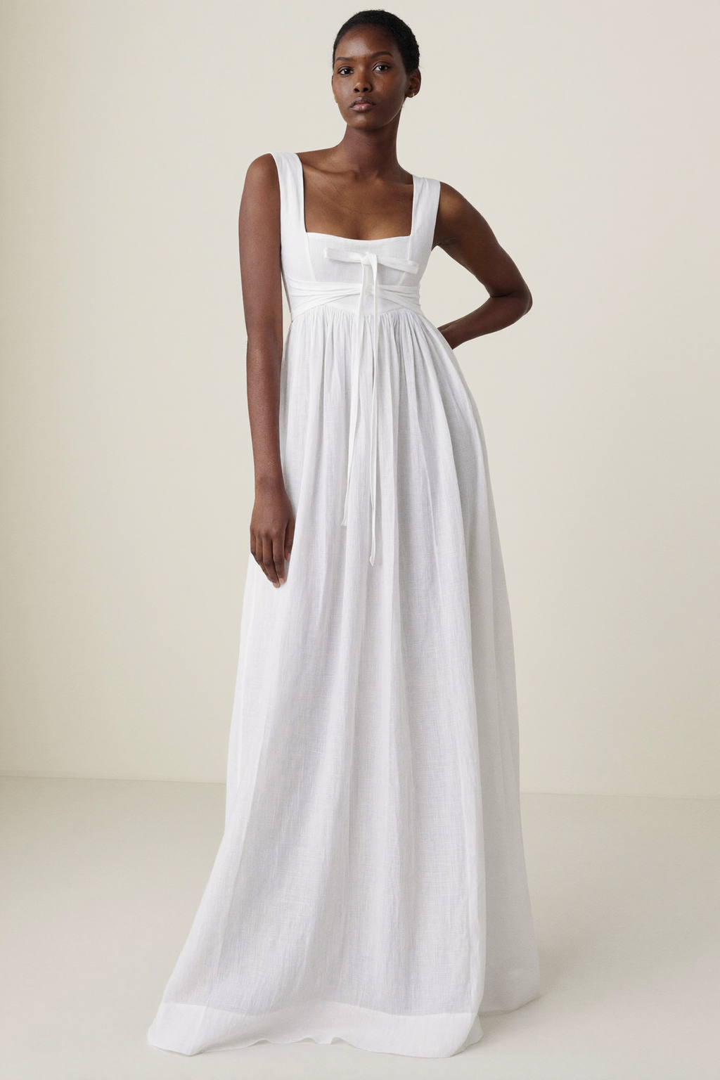 White Linen Tie Back Maxi Dress - Front View